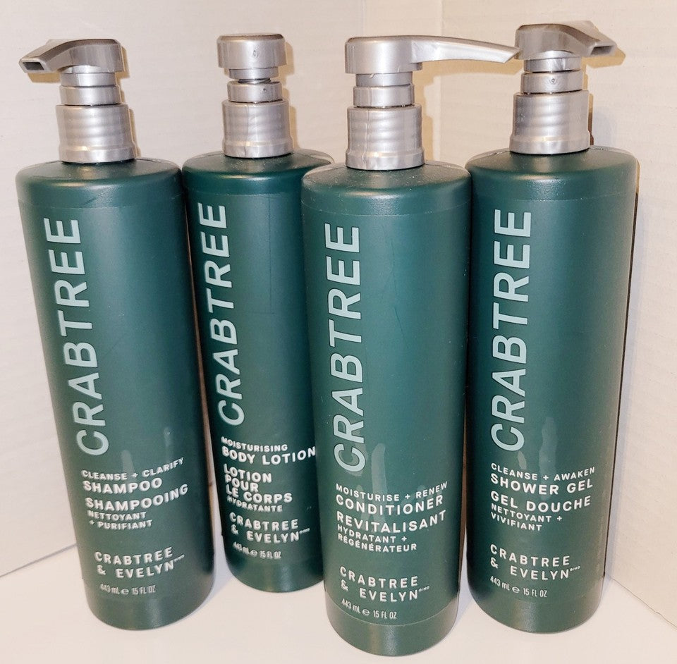 Crabtree & Evelyn Shampoo, Conditioner, Shower Gel, & Body Lotion 15oz bottles.