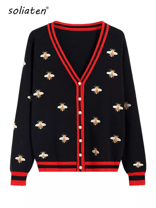 High Quality Fashion Designer Bee Embroidery Cardigan