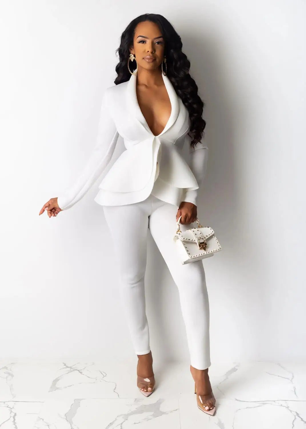 New Women Winter Women's Set Tracksuit Full Sleeve Ruffles Blazers Pencil Pants Suit