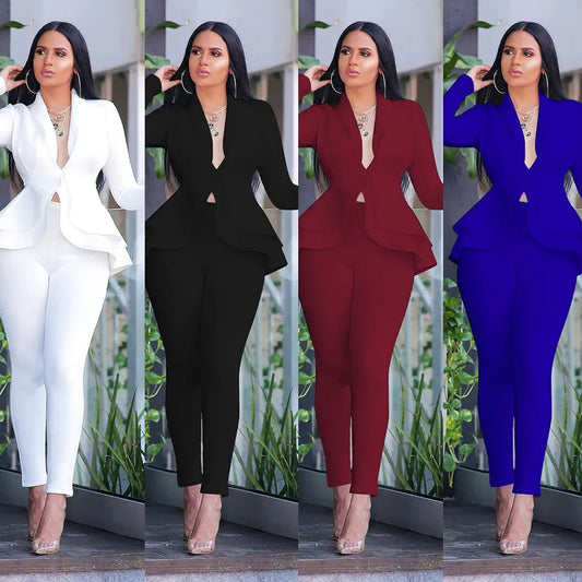 New Women Winter Women's Set Tracksuit Full Sleeve Ruffles Blazers Pencil Pants Suit