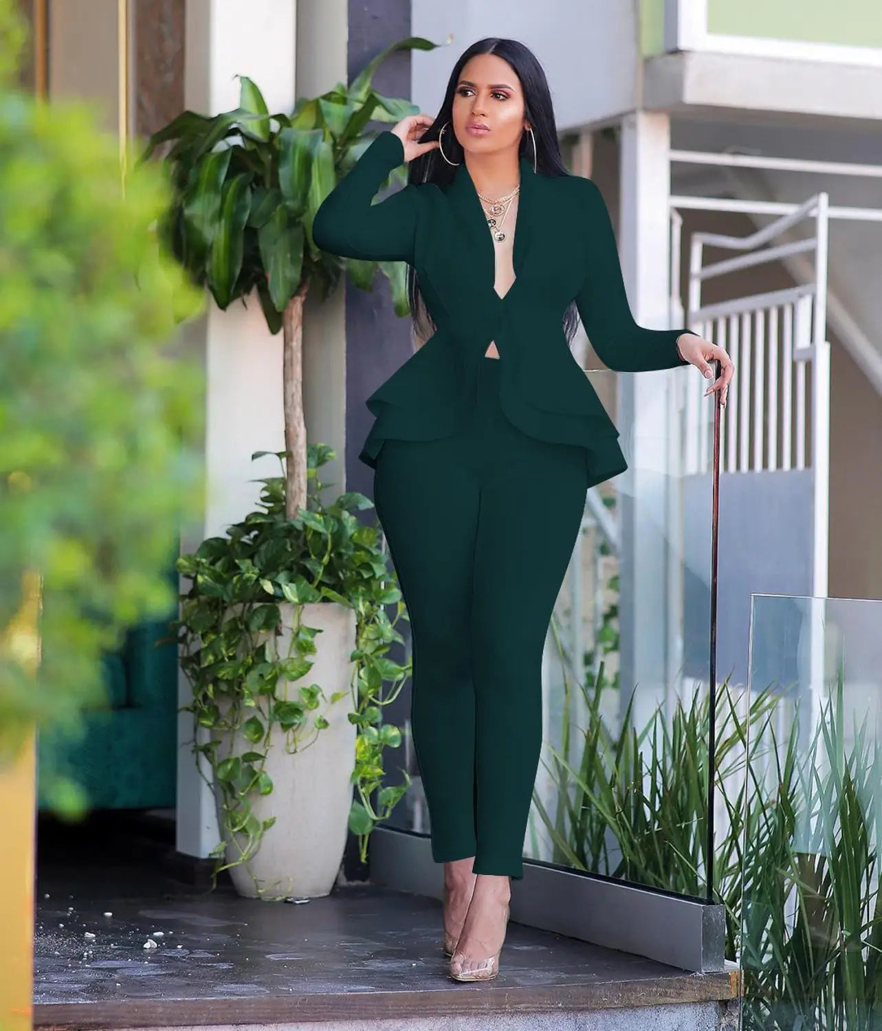 New Women Winter Women's Set Tracksuit Full Sleeve Ruffles Blazers Pencil Pants Suit